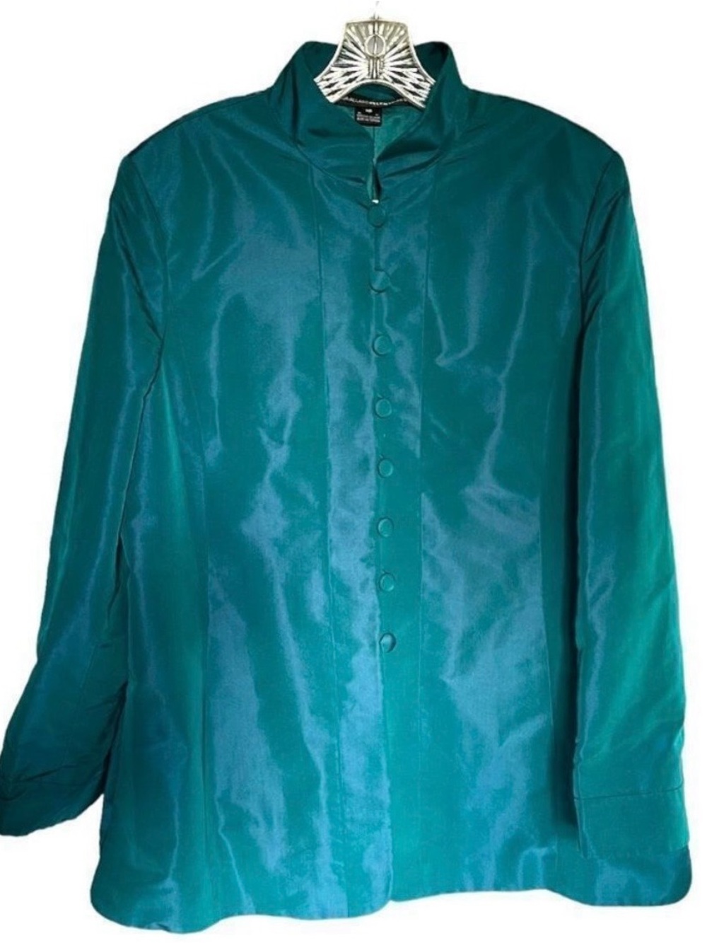 Vintage Linda Allard/ Ellen Tracy Teal Metallic Silk Button-Up Blazer Size 16